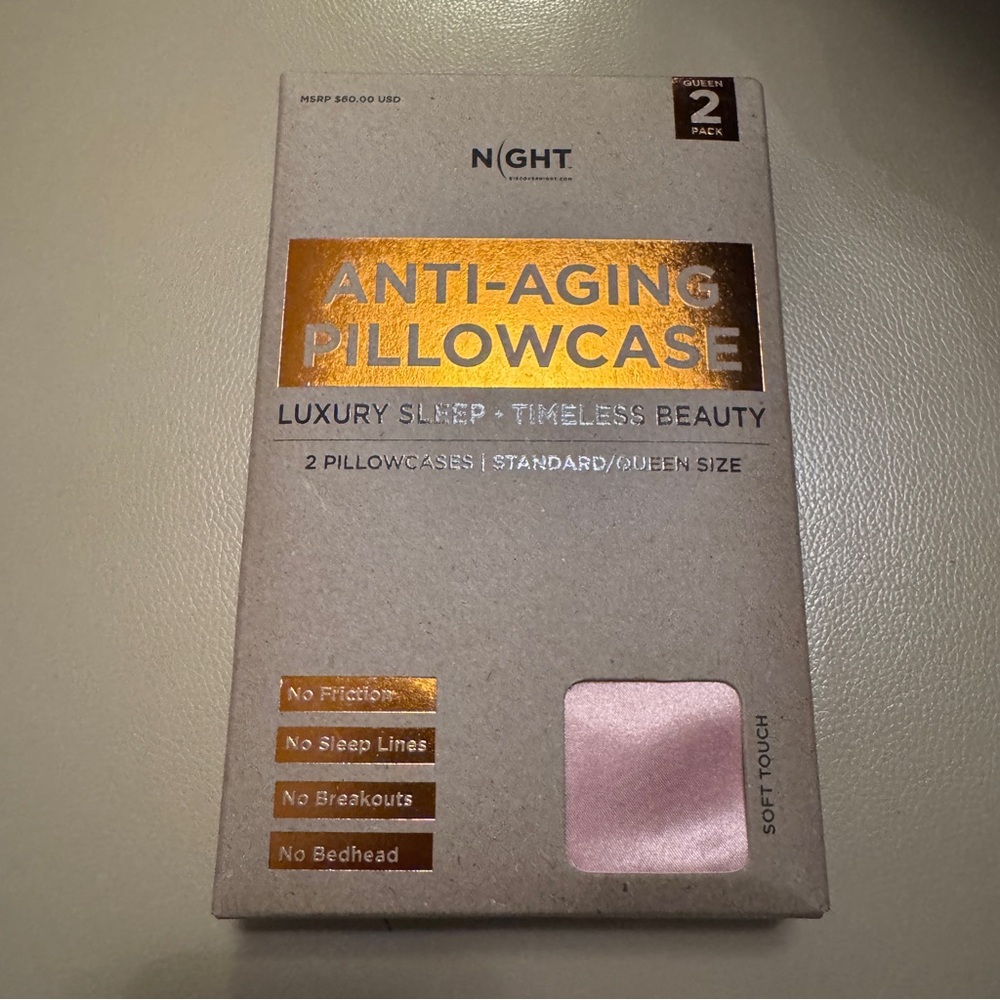 Night Anti-Aging Pillowcase Luxury Sleep Standard Queen 2 Pack - Blush NIB